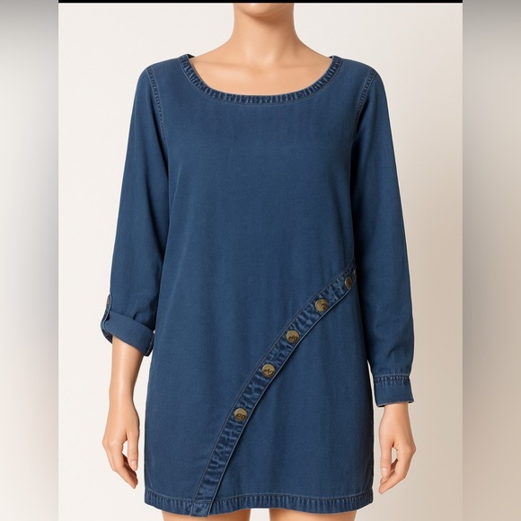 Soft Surroundings Blouse L Denim Blue Tencel Button Detail Asymmetrical Hem - Picture 1 of 8